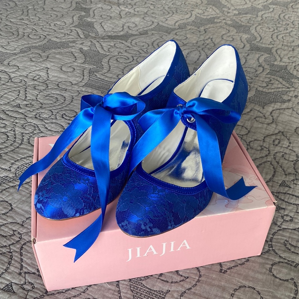 JIAJIA  Women's Shoes Closed Toe Stiletto Heel Lace Satin Pumps Ribbon Tie